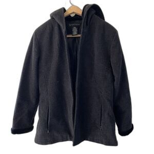 Apostrophe Wool Blend Coat‎ Womens L Black fur Trim Lined Hooded Zip penny lane